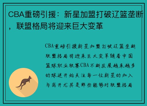 CBA重磅引援：新星加盟打破辽篮垄断，联盟格局将迎来巨大变革