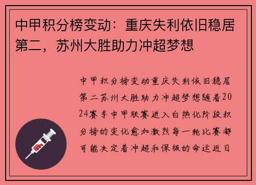 中甲积分榜变动：重庆失利依旧稳居第二，苏州大胜助力冲超梦想