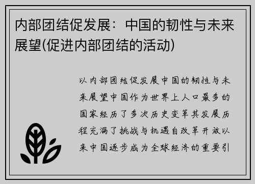 内部团结促发展：中国的韧性与未来展望(促进内部团结的活动)