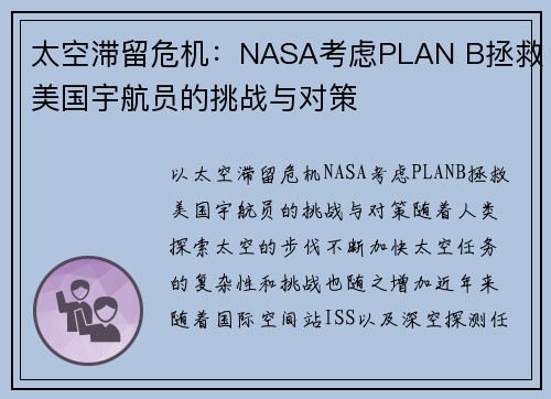太空滞留危机：NASA考虑PLAN B拯救美国宇航员的挑战与对策