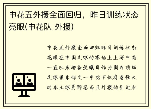 申花五外援全面回归，昨日训练状态亮眼(申花队 外援)