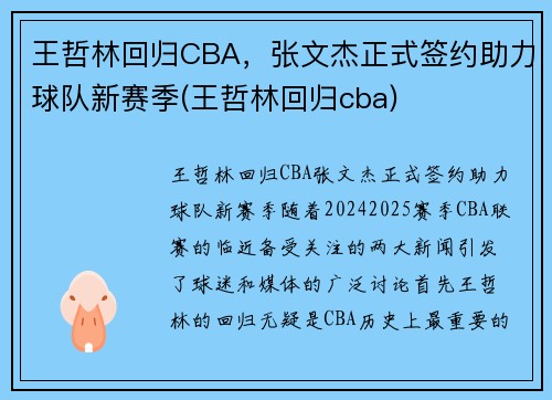 王哲林回归CBA，张文杰正式签约助力球队新赛季(王哲林回归cba)
