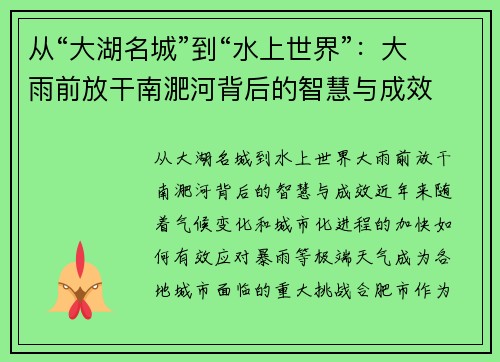 从“大湖名城”到“水上世界”：大雨前放干南淝河背后的智慧与成效