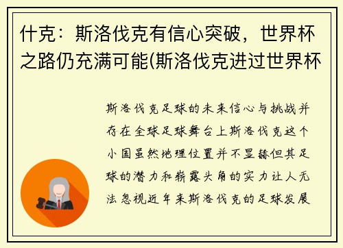 什克：斯洛伐克有信心突破，世界杯之路仍充满可能(斯洛伐克进过世界杯吗)