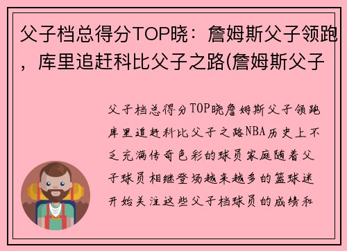 父子档总得分TOP晓：詹姆斯父子领跑，库里追赶科比父子之路(詹姆斯父子图)