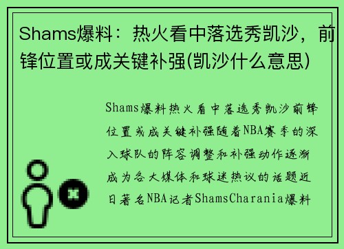 Shams爆料：热火看中落选秀凯沙，前锋位置或成关键补强(凯沙什么意思)