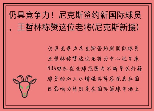 仍具竞争力！尼克斯签约新国际球员，王哲林称赞这位老将(尼克斯新援)