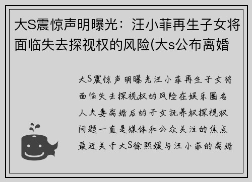 大S震惊声明曝光：汪小菲再生子女将面临失去探视权的风险(大s公布离婚之后)