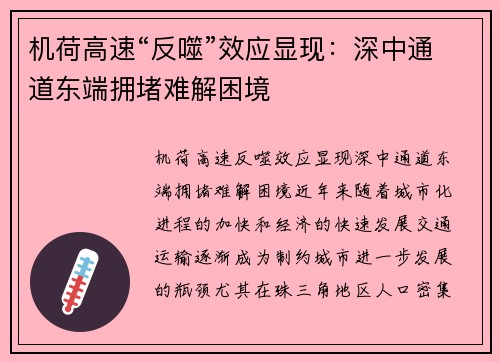 机荷高速“反噬”效应显现：深中通道东端拥堵难解困境
