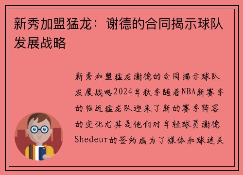 新秀加盟猛龙：谢德的合同揭示球队发展战略