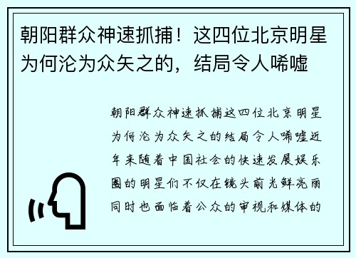 朝阳群众神速抓捕！这四位北京明星为何沦为众矢之的，结局令人唏嘘