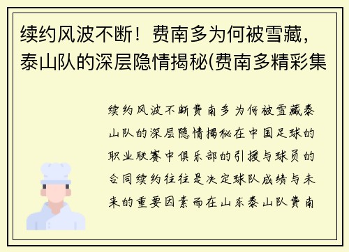 续约风波不断！费南多为何被雪藏，泰山队的深层隐情揭秘(费南多精彩集锦)