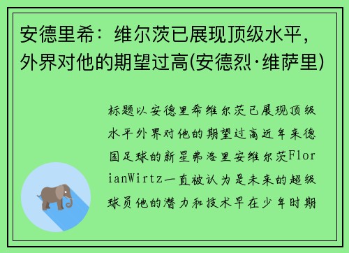 安德里希：维尔茨已展现顶级水平，外界对他的期望过高(安德烈·维萨里)